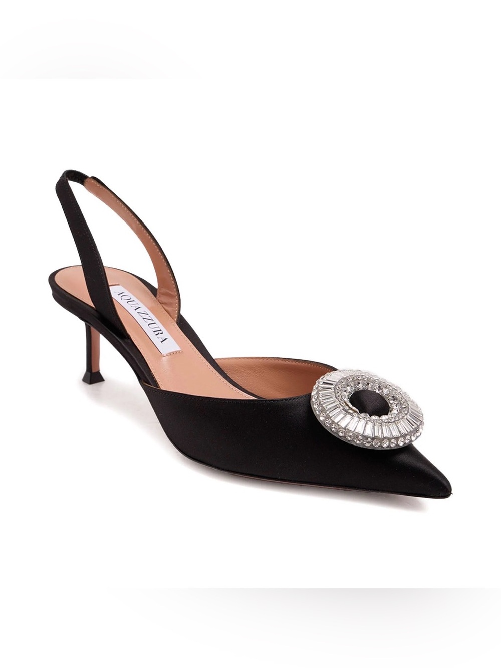 Aquazzura Crystal Hoop Sling 50 Black Satin Crystal Pumps Size 40 NEW